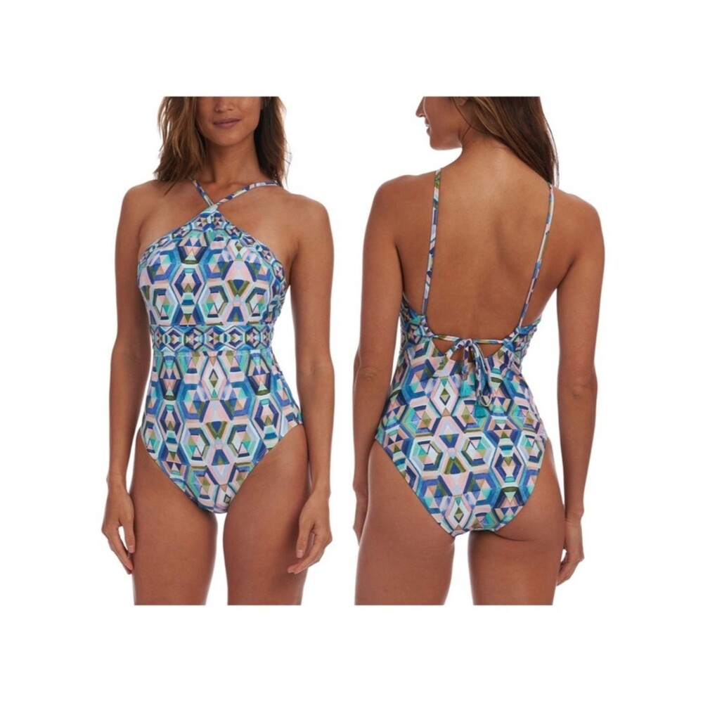 NWT La Blanca Riviera Hi Neck Halter Geometric One Piece Swim Suit Sz 4